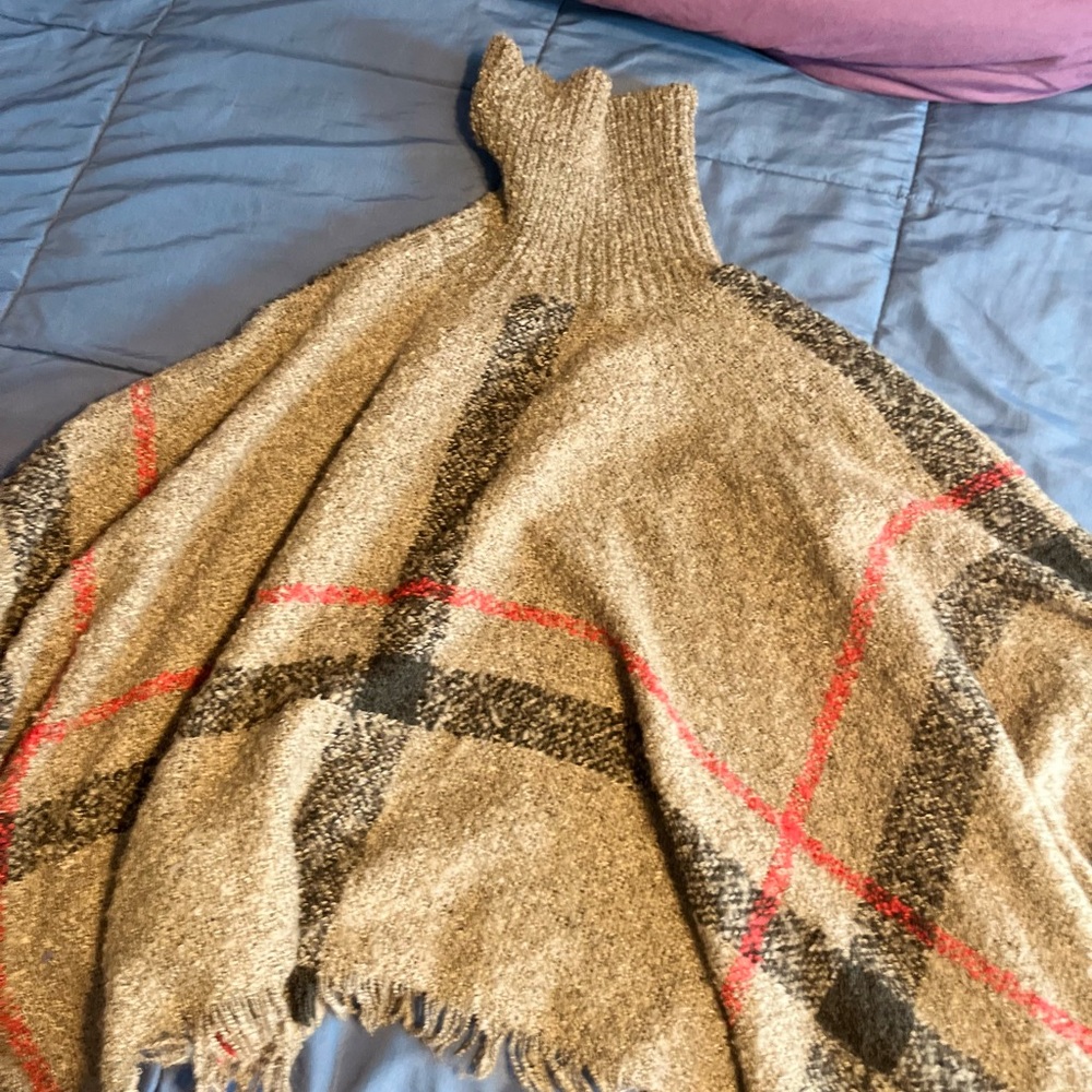 Plaid Turtleneck Poncho Sweater